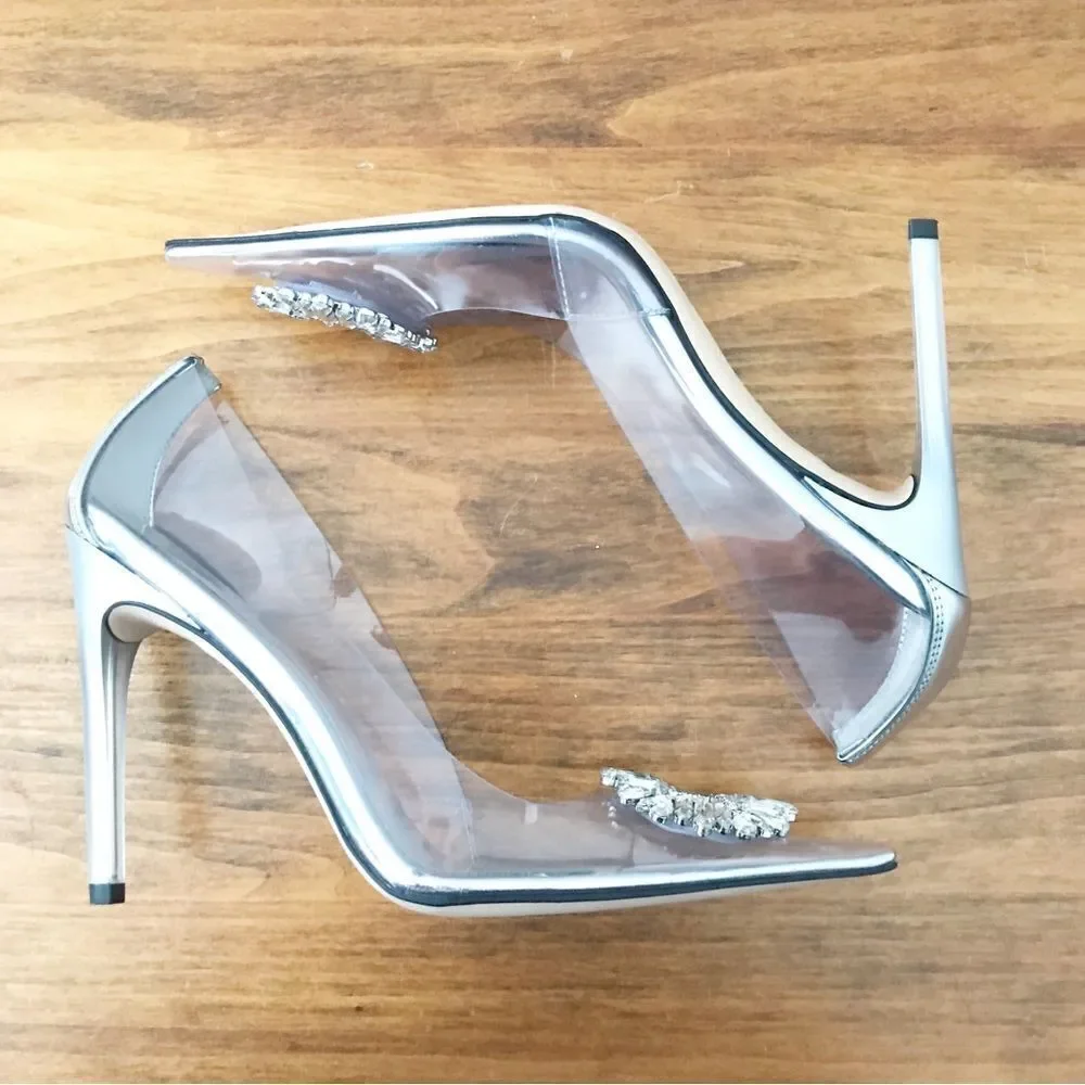 New GOOD AMERICAN CLEAR Silver Heels - Picture 9 of 13